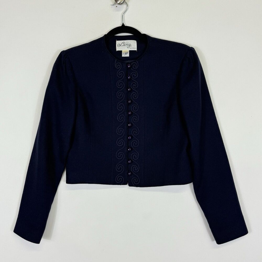 Vintage Lanz Originals Jacket Womens 5 Navy Blue Wool Cropped Euro Embroidered